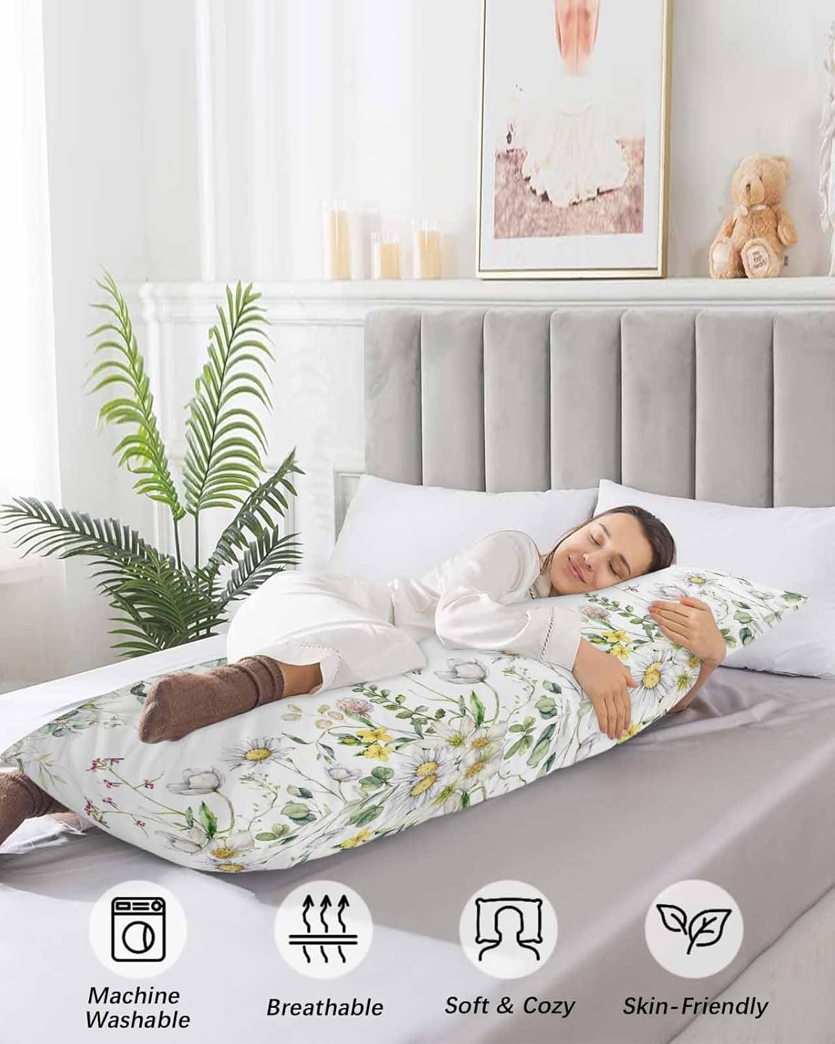 Funda de almohada corporal floral de primavera, funda de poliéster suave de 20 x 54 pulgadas, elegante diseño de cierre de sobre, transpirable