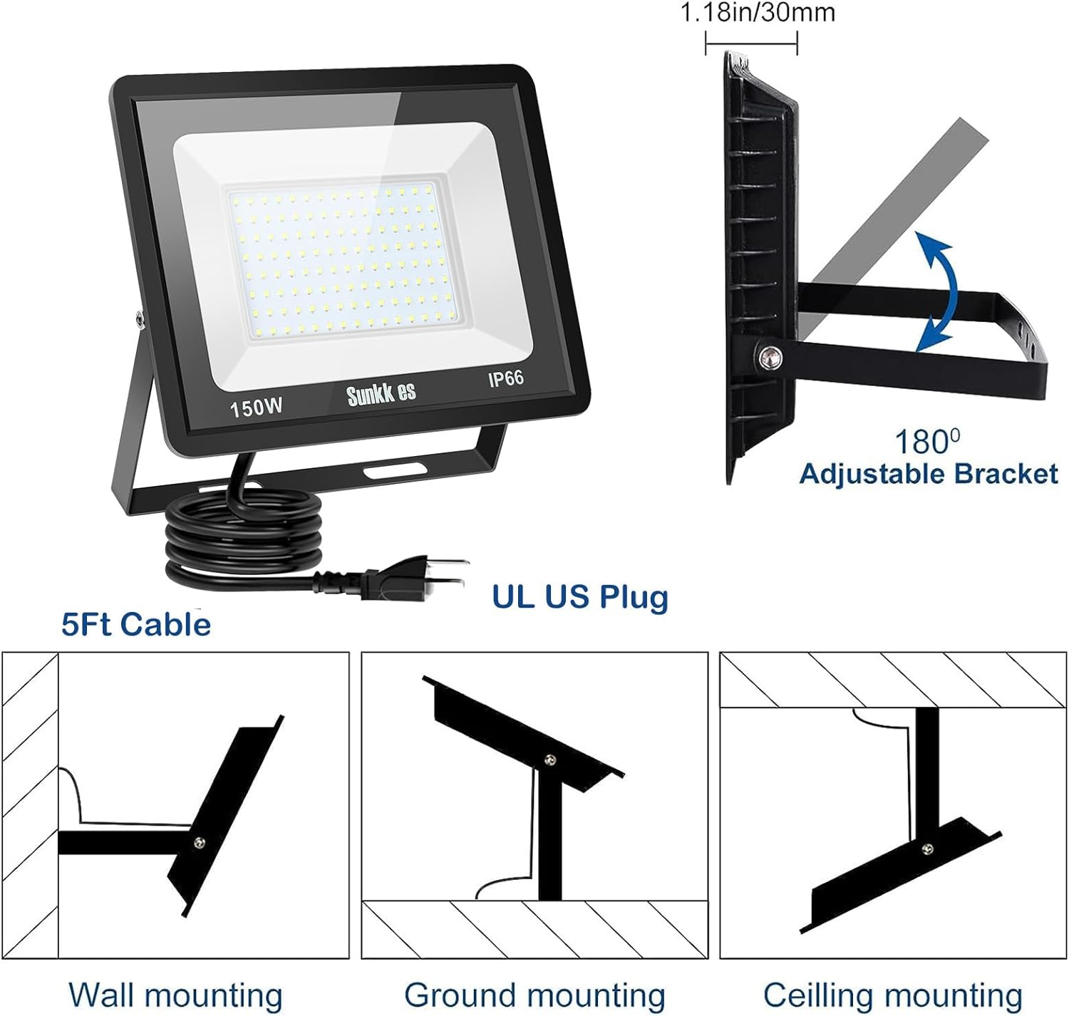 Sunkkes Luz de inundación LED de 150 W para exteriores, paquete de 3 unidades, IP66 impermeable, luz diurna de 6000 K, luces de seguridad blancas