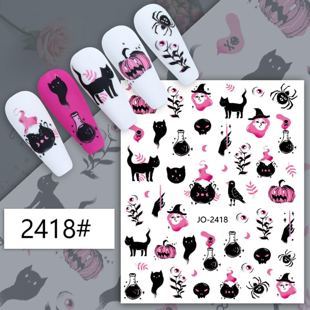6 hojas de calcomanías de arte de uñas de Halloween 3D, autoadhesivas, bruja, gato negro, calavera, araña, calabaza, fantasma, diseño de uñas,