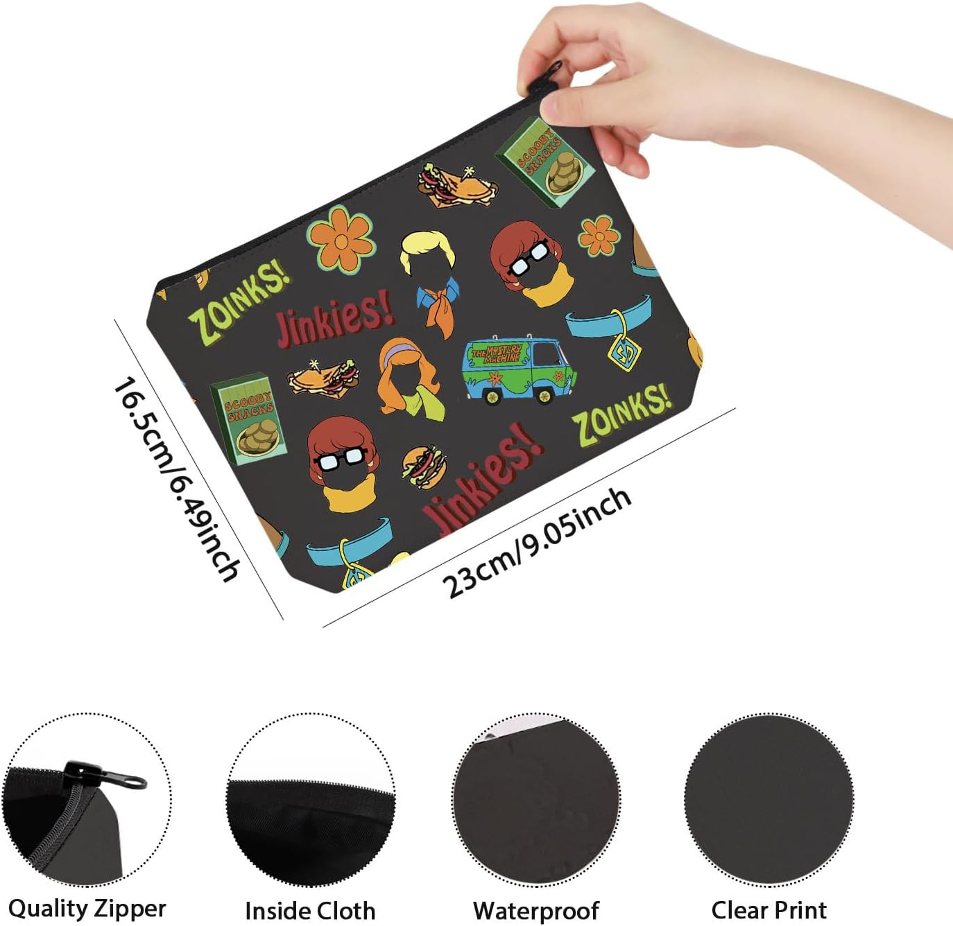 TSOTMO Bolsa de maquillaje de película de dibujos animados Regalo de máquina misteriosa Jinkies y Zoinks Bolsa de maquillaje con cremallera, Beige,