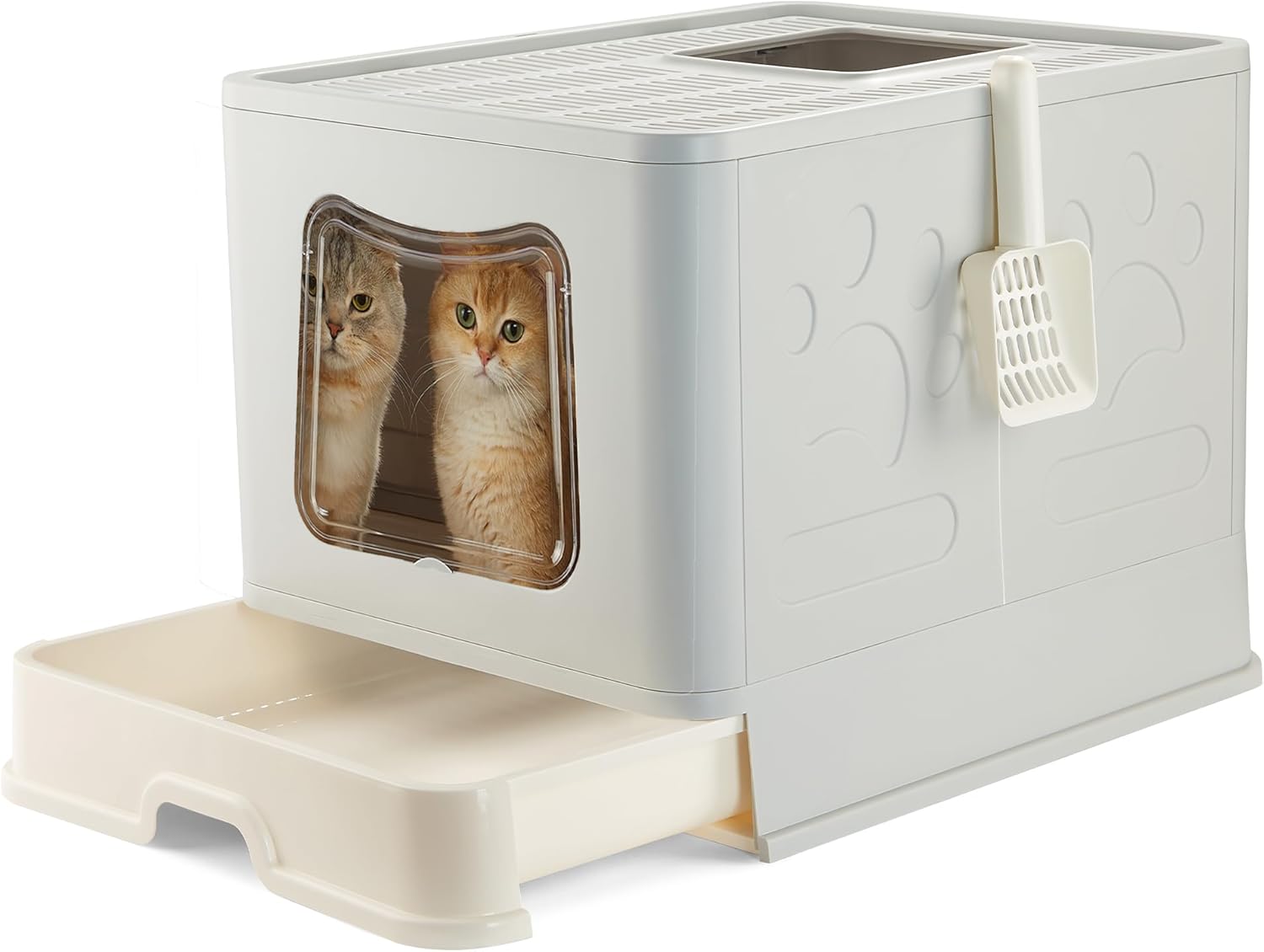Caja de arena extragrande para gatos plegable con tapa cubierta, entrada superior cerrada, inodoro grande para gatos grandes con cuchara, bandeja de