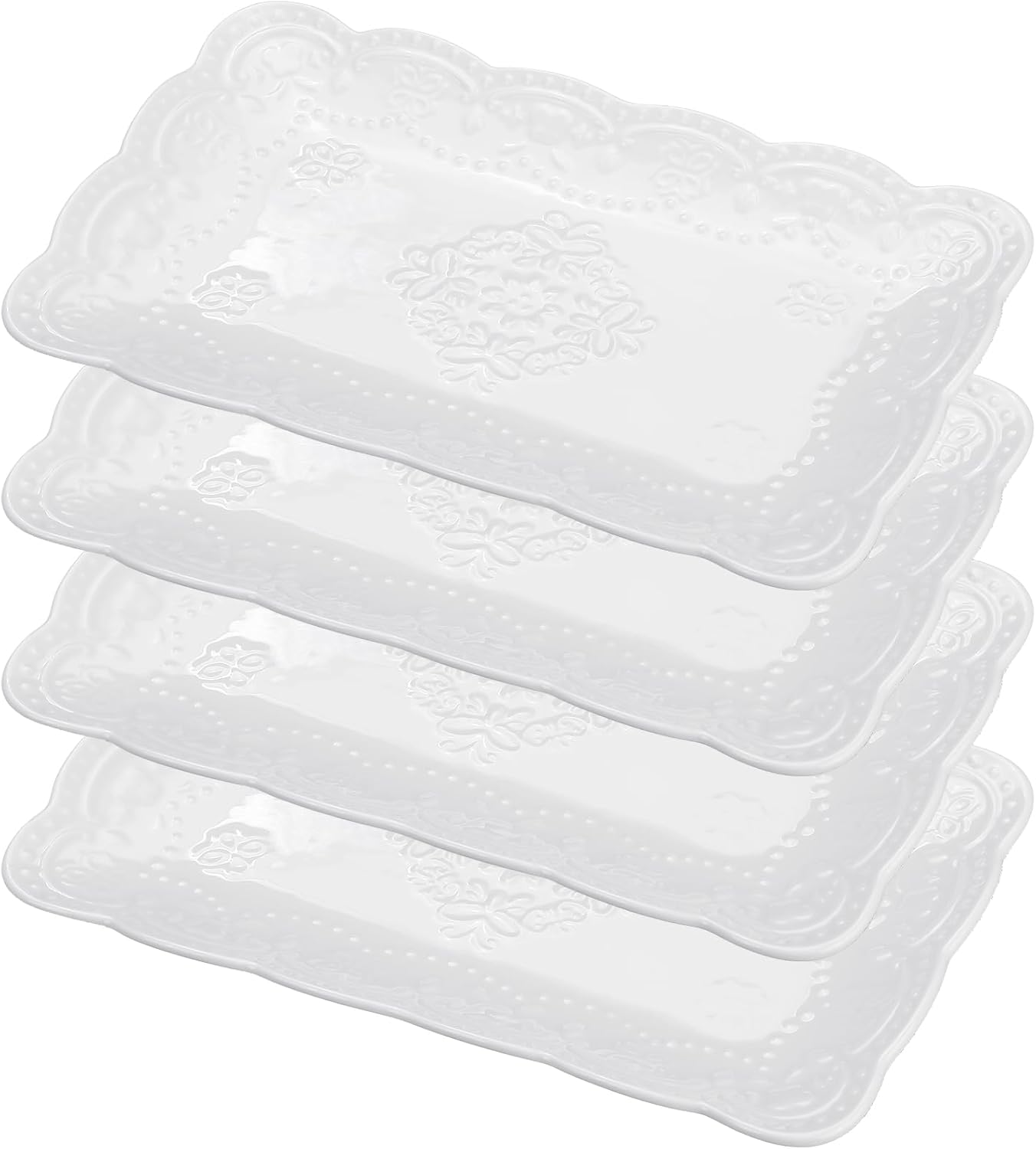 Tioncy 4 platos de porcelana de encaje en relieve de 10 x 6.7 pulgadas, platos rectangulares de cerámica, lindo plato de cena para el hogar, cocina,