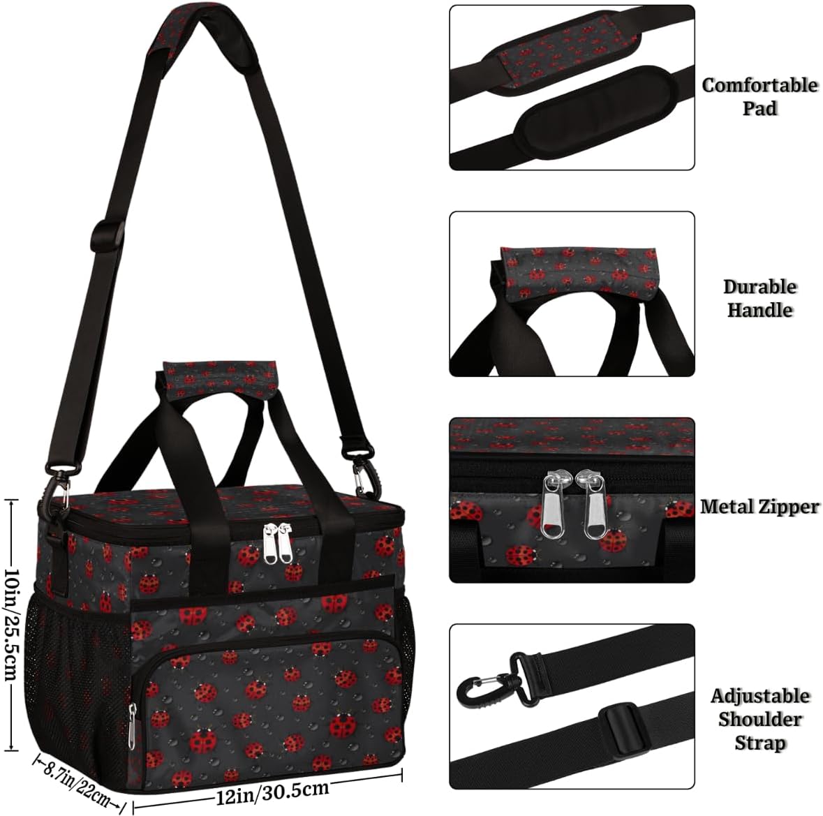 Mularoka Ladybugs – Lonchera aislada para mujeres y hombres, grande, reutilizable, para oficina, picnic, campamento, playa, a prueba de fugas, con
