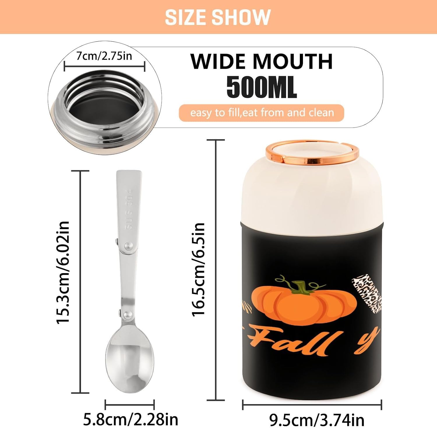 CUPADA Love Fall Y’all Thermos Food Jar for Hot and Cold, Creative Pumpkins Love Insulated Hot Food Jars Vacuum 17OZ with Folding Spoon for School