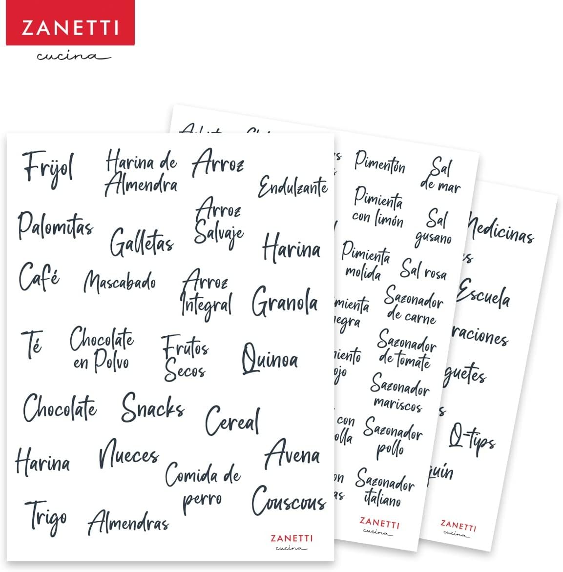 Zanetti Pantry Labels for Food Containers, Kitchen Food Labels for Storage Canisters & Jars, in Spanish (White)