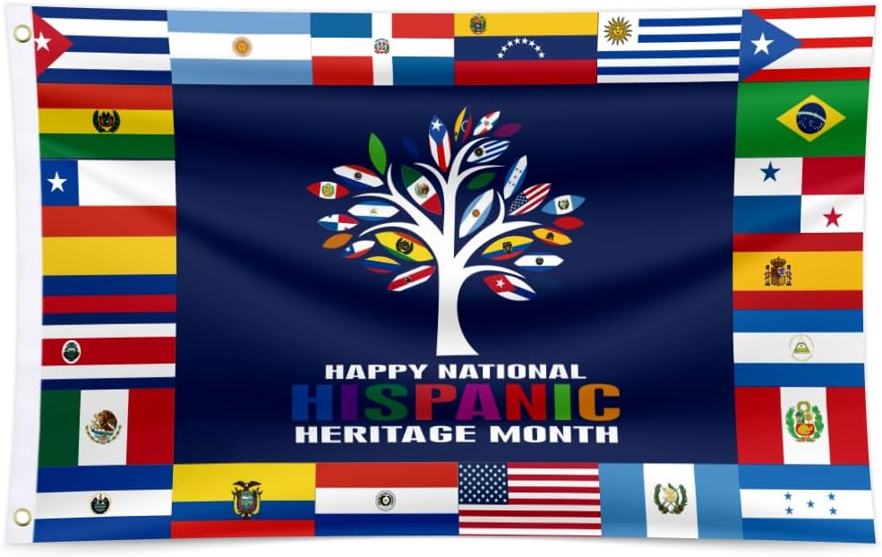 Bandera de árbol de 3 x 5 pies, bandera nacional del mes de la herencia hispana con ojales de latón para jardín al aire libre, césped, patio,