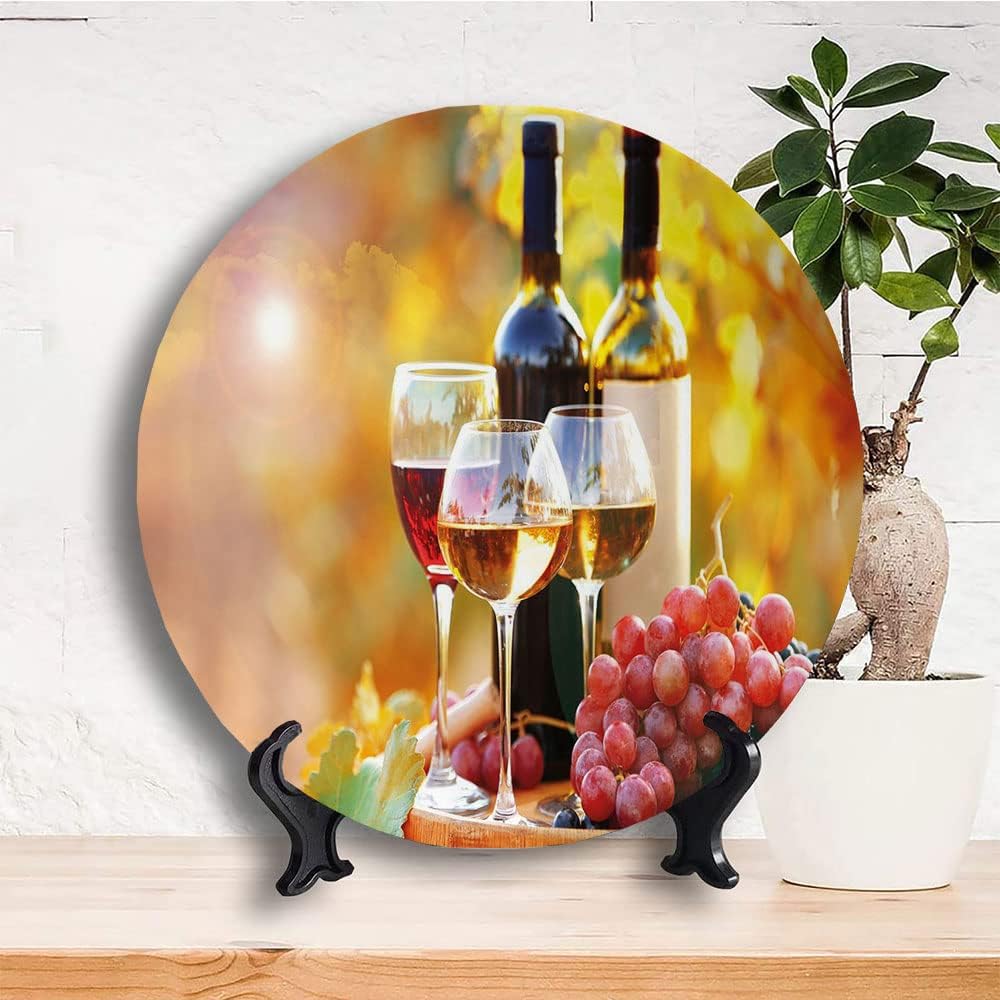 Platos decorativos, adorno con estampado de vino, vino sabroso en barril de madera en plantación de uva, 10 pulgadas, decoración de pared de cocina,