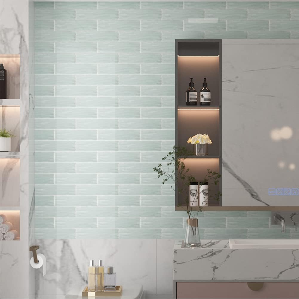 Adedeo Azulejo de cristal de metro de 3 x 12 pulgadas, ondulación de agua verde claro para pared de cocina, baño (paquete de 16, 4 pies cuadrados)