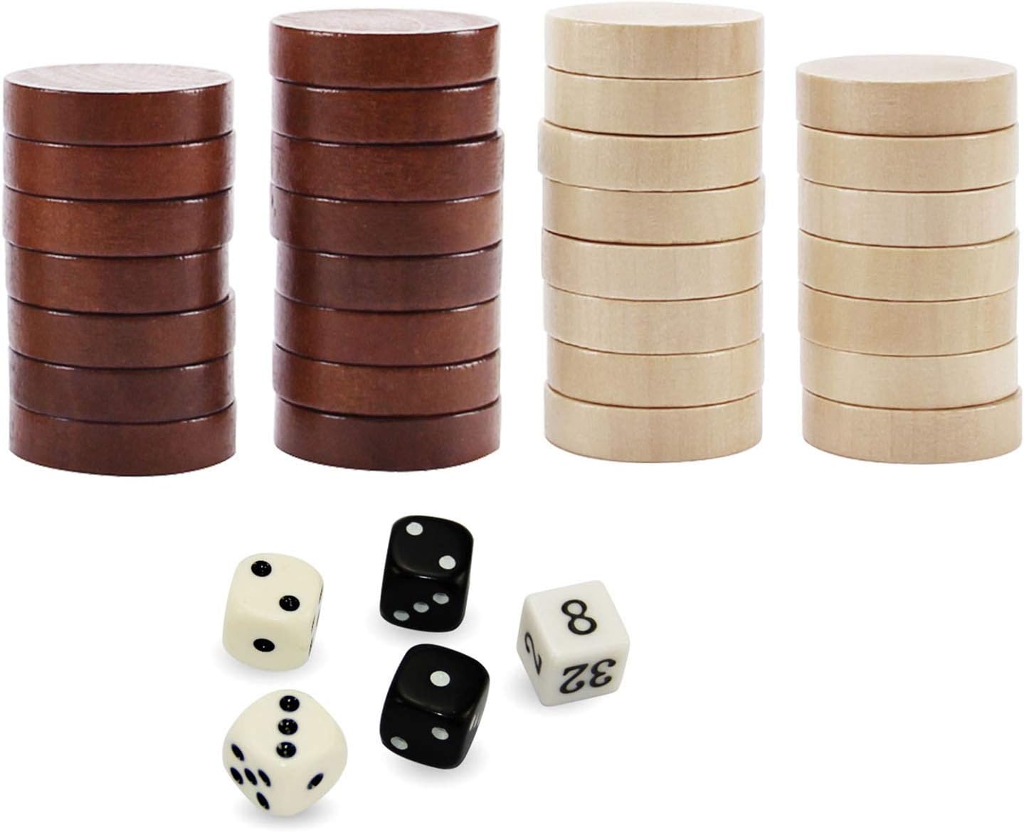 ASNEY Juego de piezas de backgammon de madera, piezas de madera maciza, juego de mesa de juego de mesa y 5 dados, incluye bolsa de almacenamiento