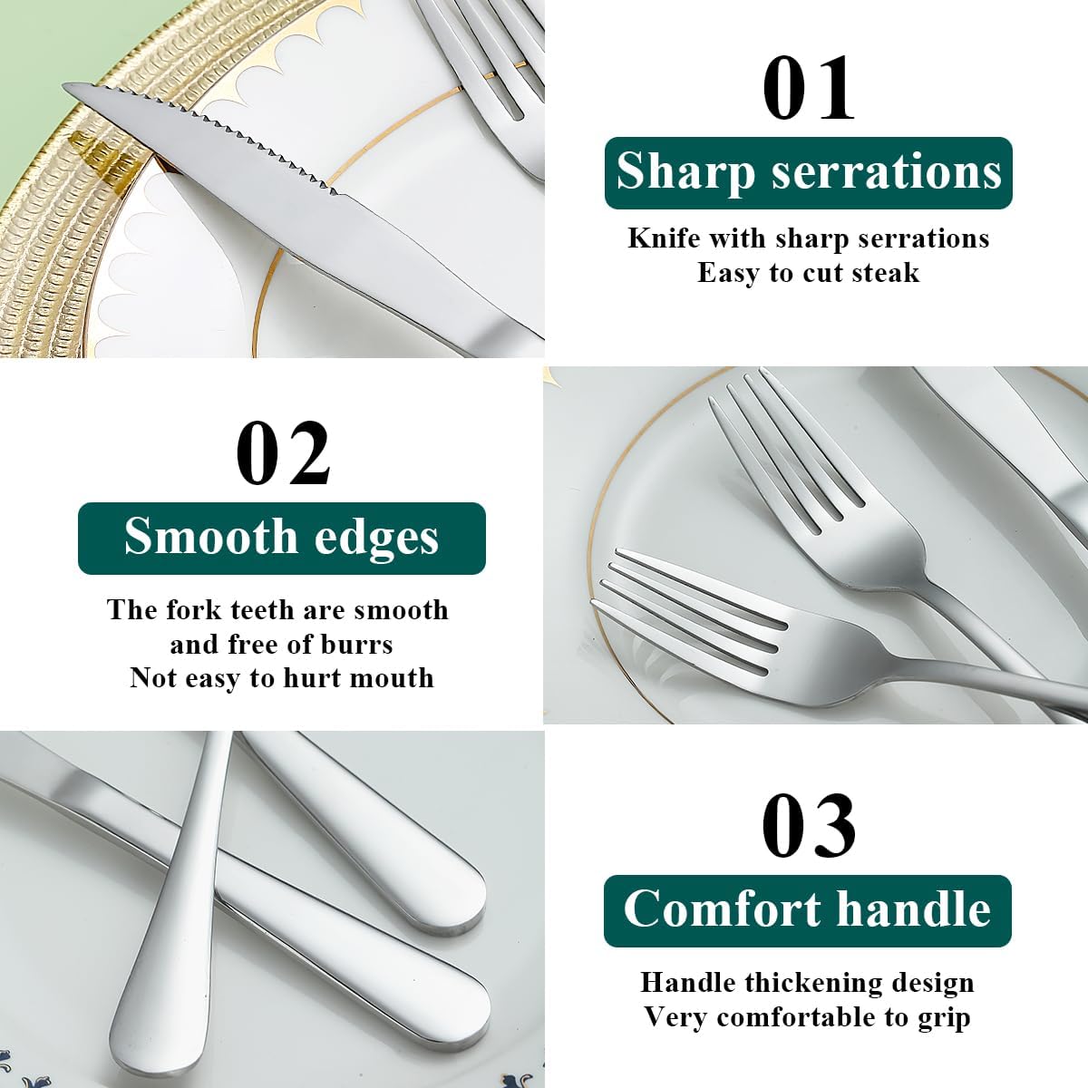 Evanda Juego de cuchillos para carne, 12 piezas, acero inoxidable, 6 tenedores y 6 cuchillos de cena, cuchillos para carne, tenedores para carne,