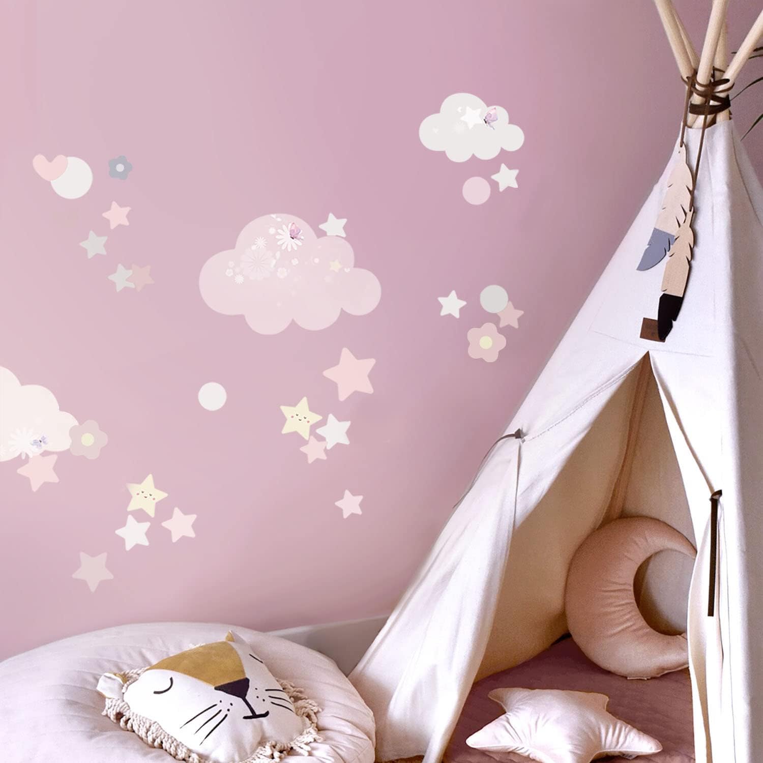 Calcomanía de pared de tela, calcomanías de pared de estrellas bohemias, nubes, acuarela pastel luna flor calcomanía para pared corazón calcomanías