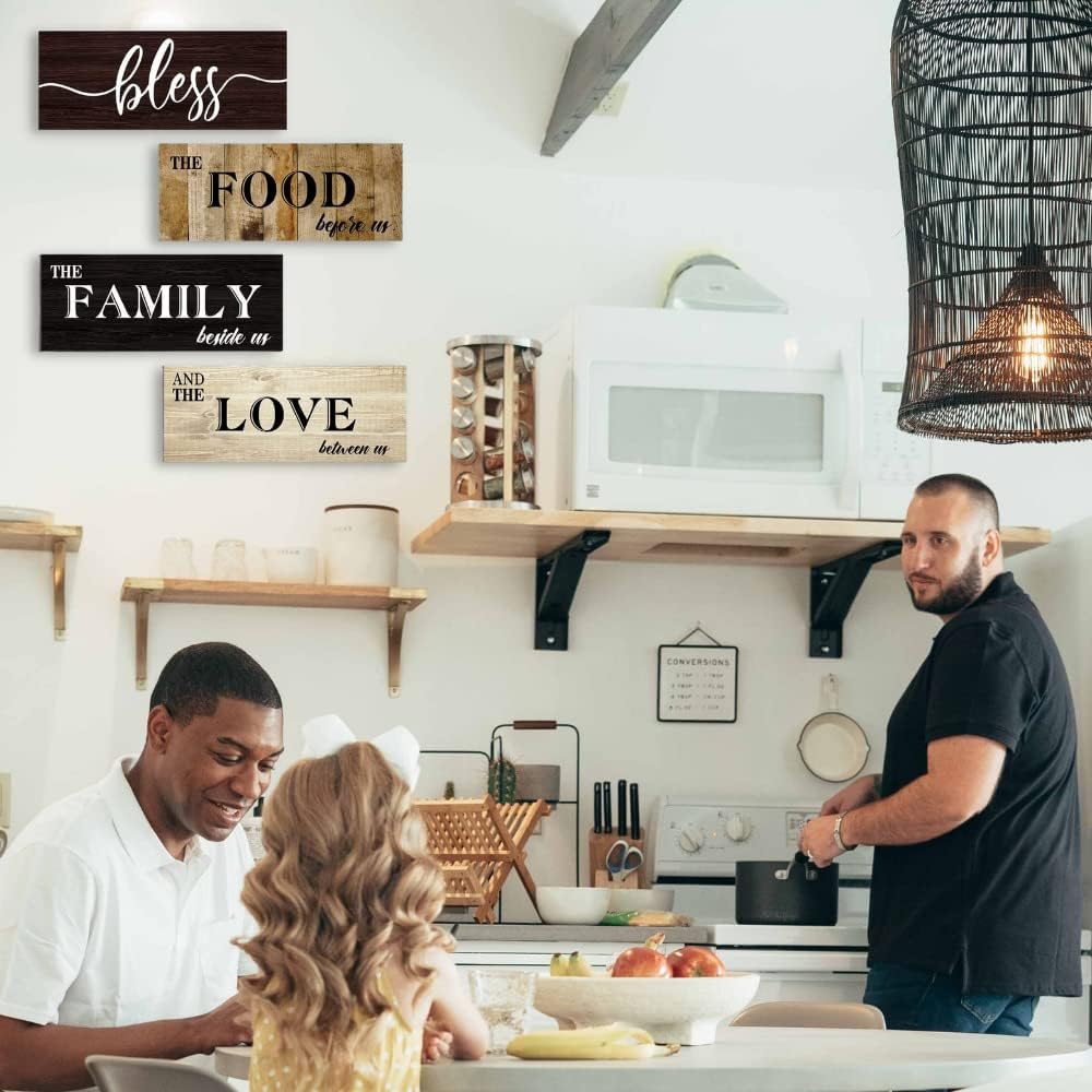 Creoate Letreros de cocina para decoración de pared, 4 piezas de madera con texto en inglés “Bless Food” para decoración de pared de cocina,