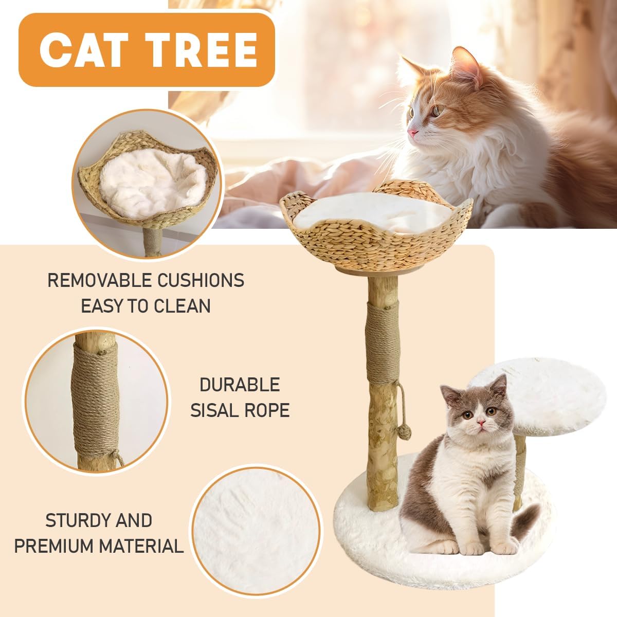 Árbol para gatos y juguetes para gatos, torre moderna de árbol para gatos de interior, torre de madera de rama real, poste rascador para gatos,