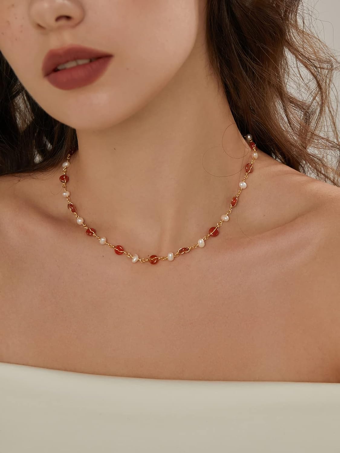 DAUMIER Freshwater Pearl Donut Red Agate Choker January Birthstone Jewelry Necklace for Women