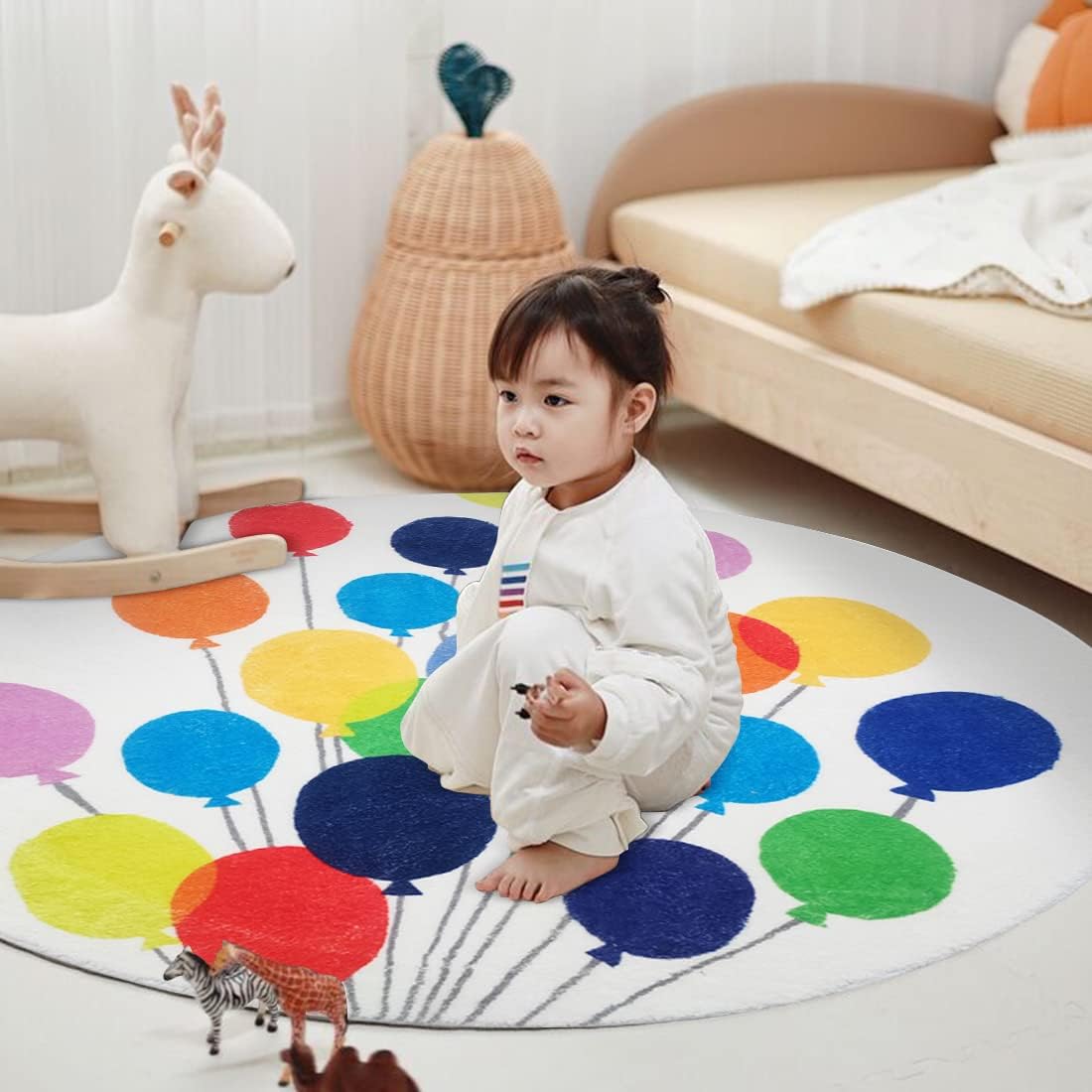 Poowe Alfombra de juego para niños con globos coloridos, alfombra redonda para guardería, alfabeto, suave, antideslizante, para el dormitorio de los