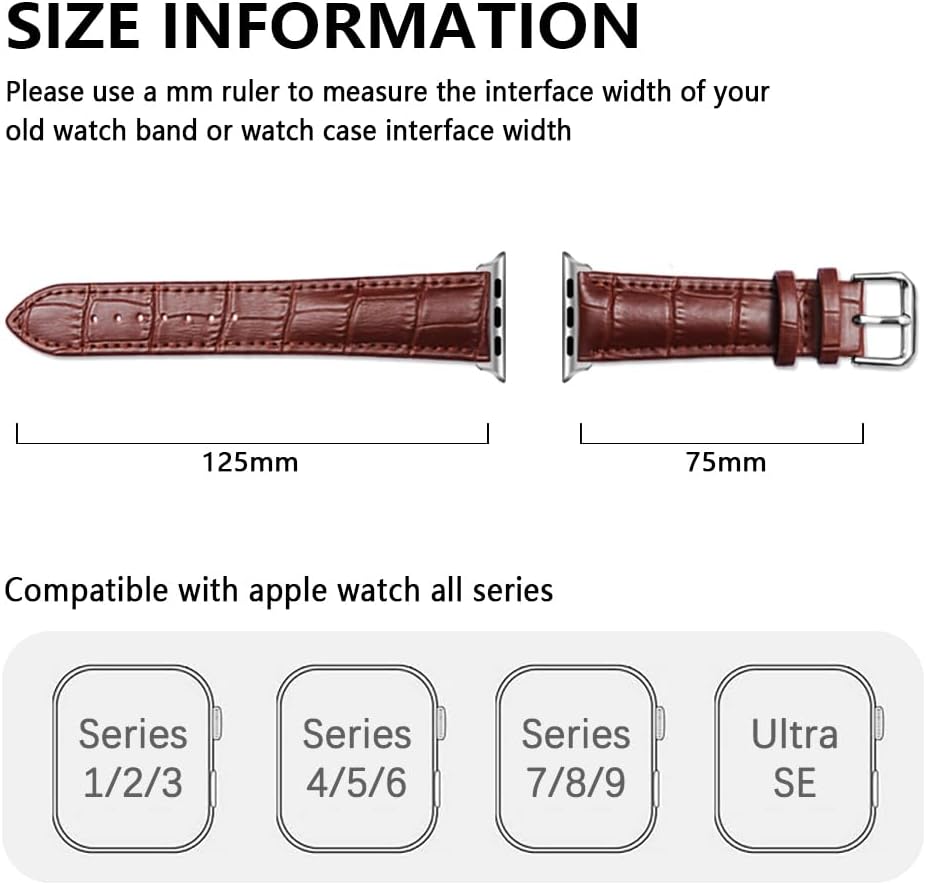 Compatible con correas de Apple Watch de 1.614 in1.575 in1.496 in 1.929 in1.772 in1.732 in1.654 in, correa de repuesto de piel de cocodrilo para