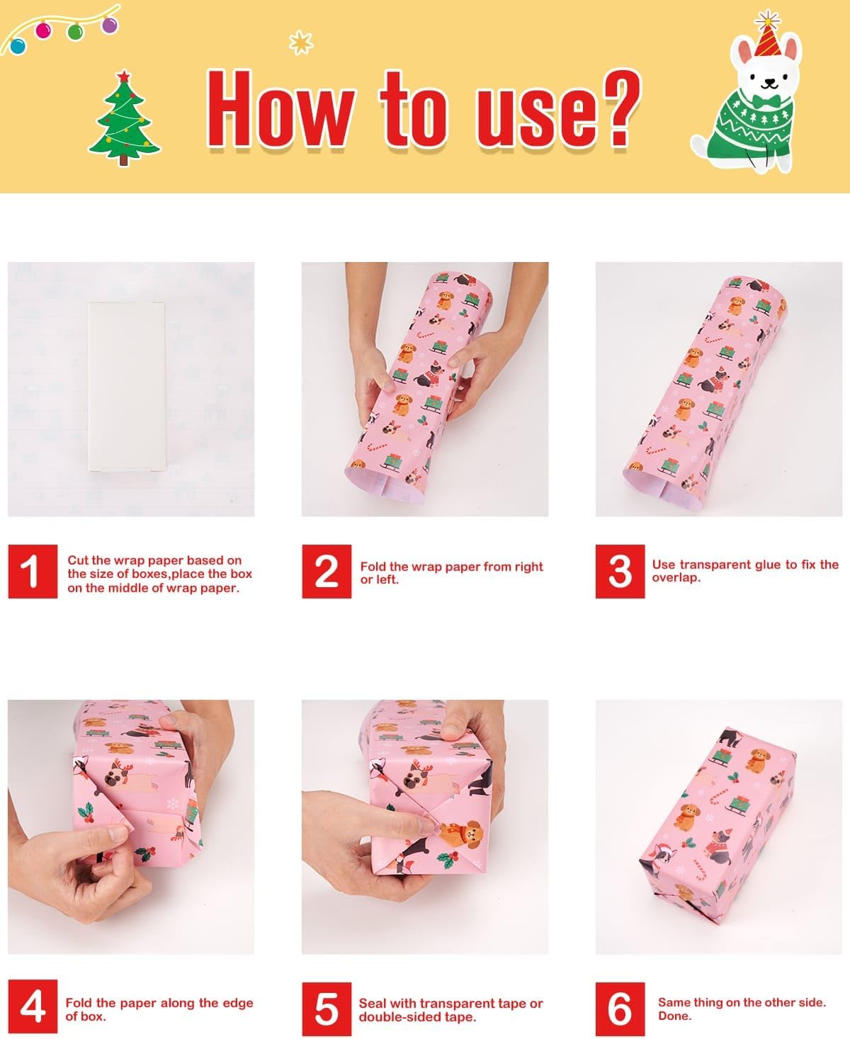 Rollos de papel de regalo de Navidad para perros, 3 rollos de papel de regalo de Navidad de 17 x 120 pulgadas, papel de regalo de Navidad, papel de