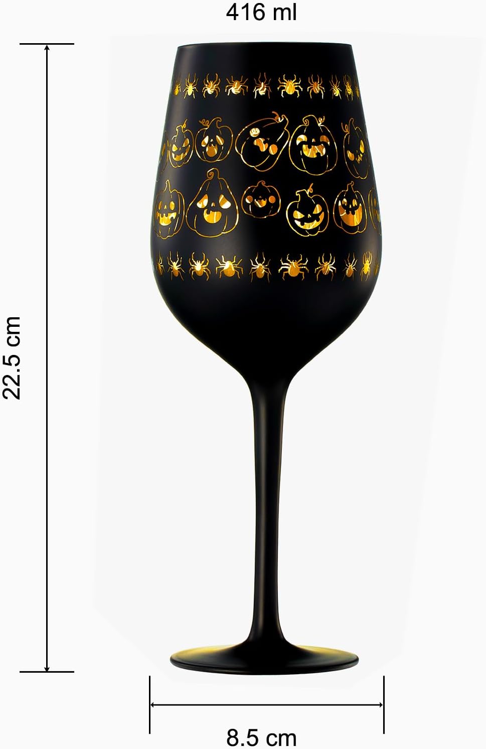 Copas de vino espeluznantes con tallo de cristal, juego de 2 unidades, con temática gótica, vibrante color negro y dorado, con patrón de fantasma,