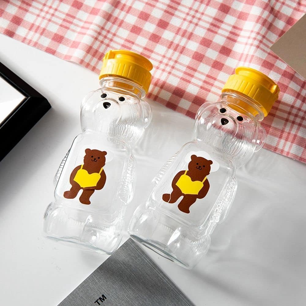 2 frascos de plástico amarillos de 8 onzas para botella de miel de oso, botella vacía de miel con tapa abatible para almacenar y dispensar, tapas