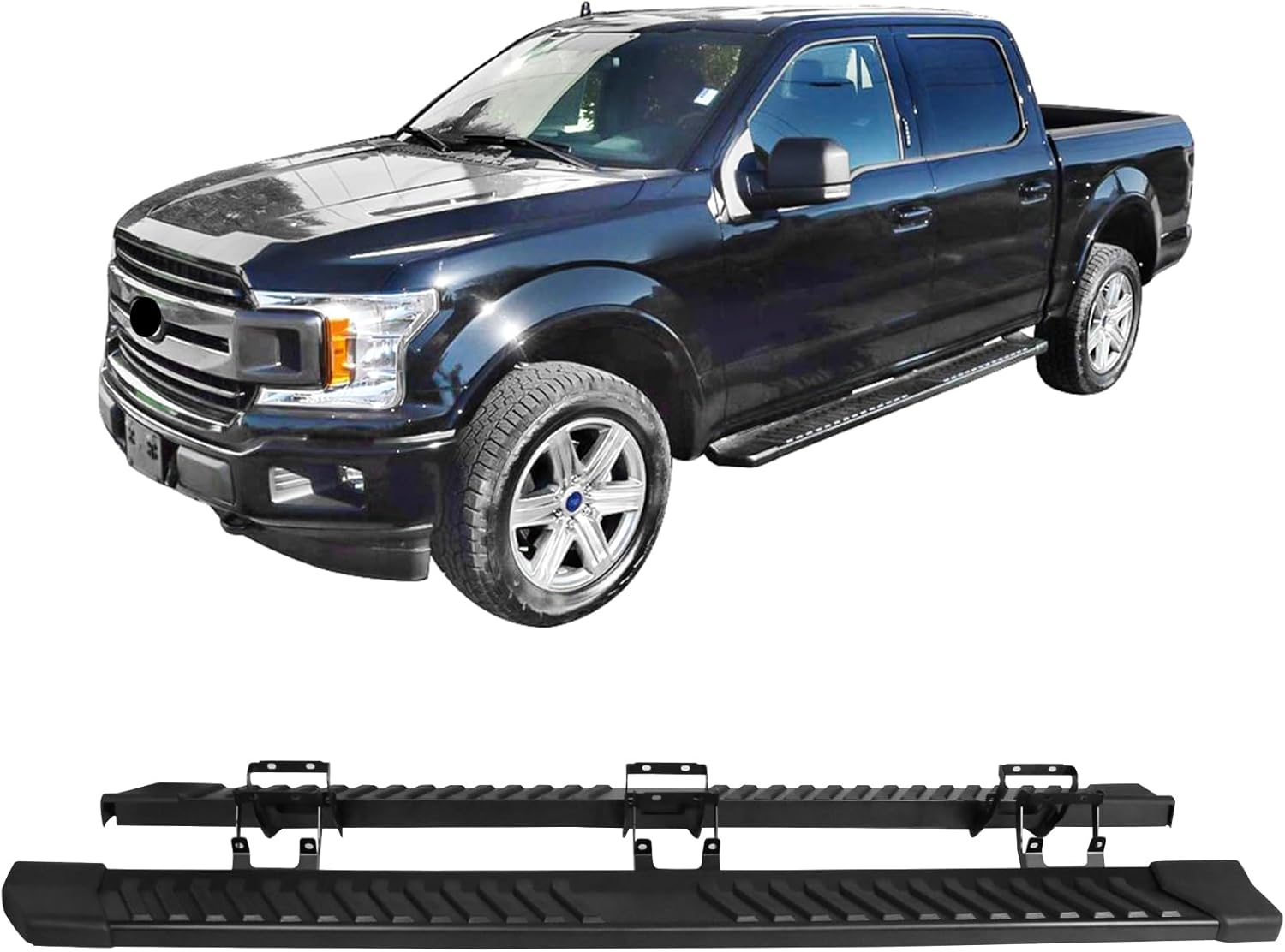 IKON MOTORSPORTS, Estribos compatibles con Ford F150 SuperCrew Cab 2015-2023, estilo V, barra lateral de acero negro con barra Nerf