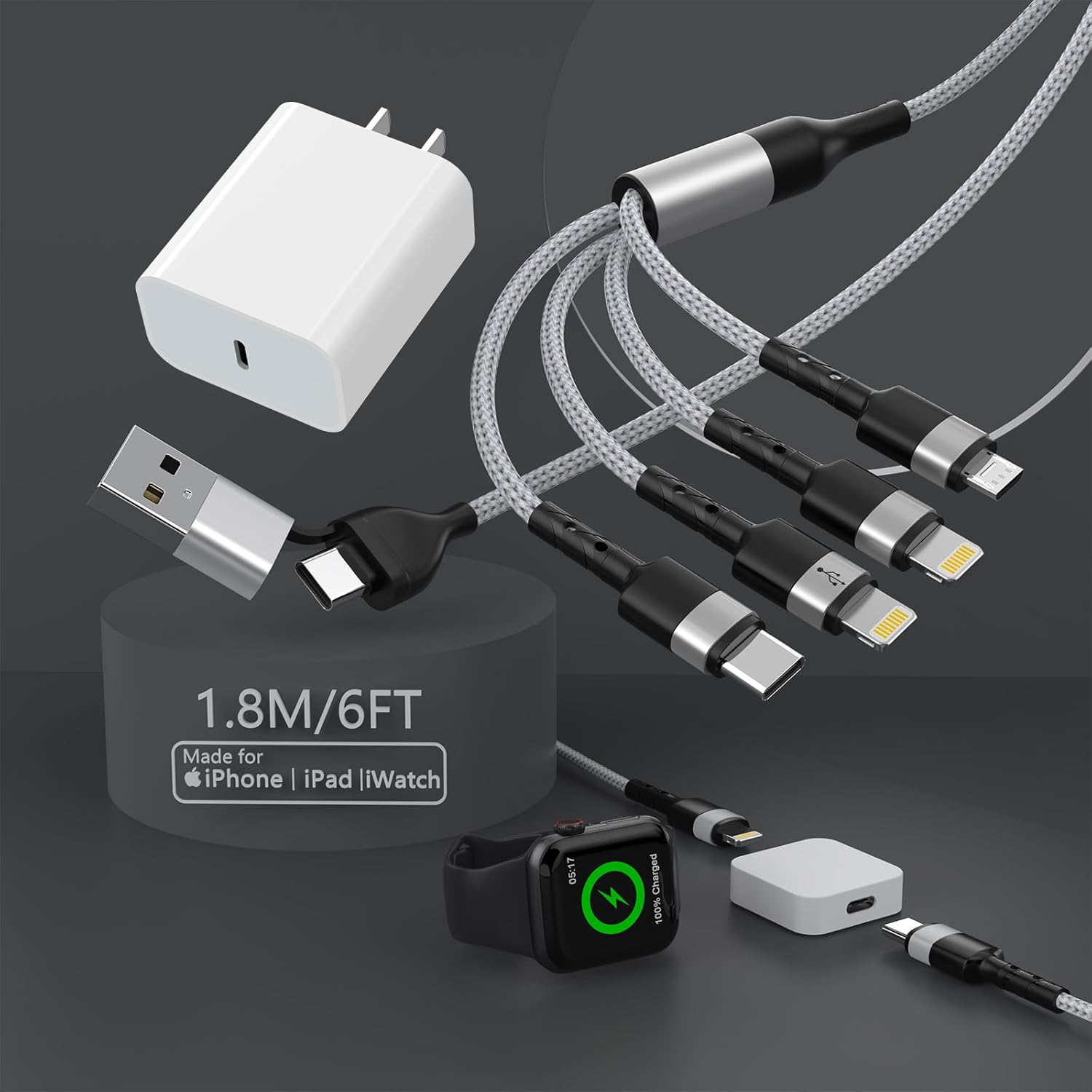 Cargador USB C 4 en 2 para Apple Watch para Apple WatchiPhoneAirpods, cargador rápido PD de 20 W, cable de carga inalámbrico iWatch de 6 pies,
