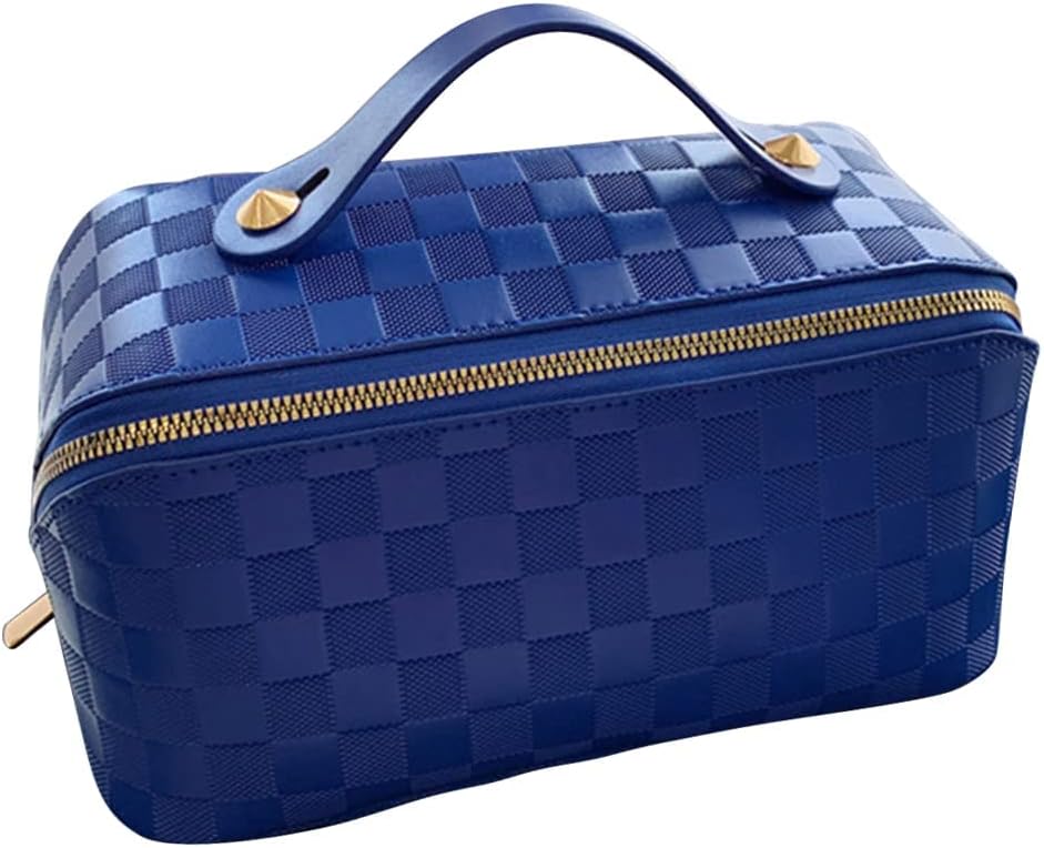 CIREA Bolsa de cosméticos de viaje de gran capacidad marrón a cuadros bolsa de maquillaje PU cuero impermeable bolsa de cuidado de la piel con mango