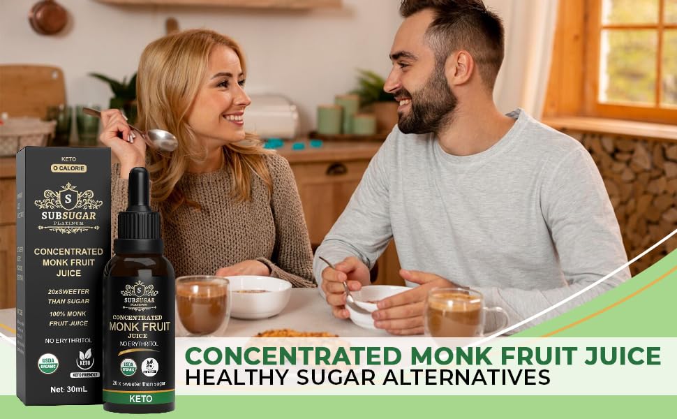 SubSugar Edulcorante líquido concentrado puro de Monkfruit Gotas sin eritritol Hecho con jugo de fruta de monje 100% (1.0 fl oz)