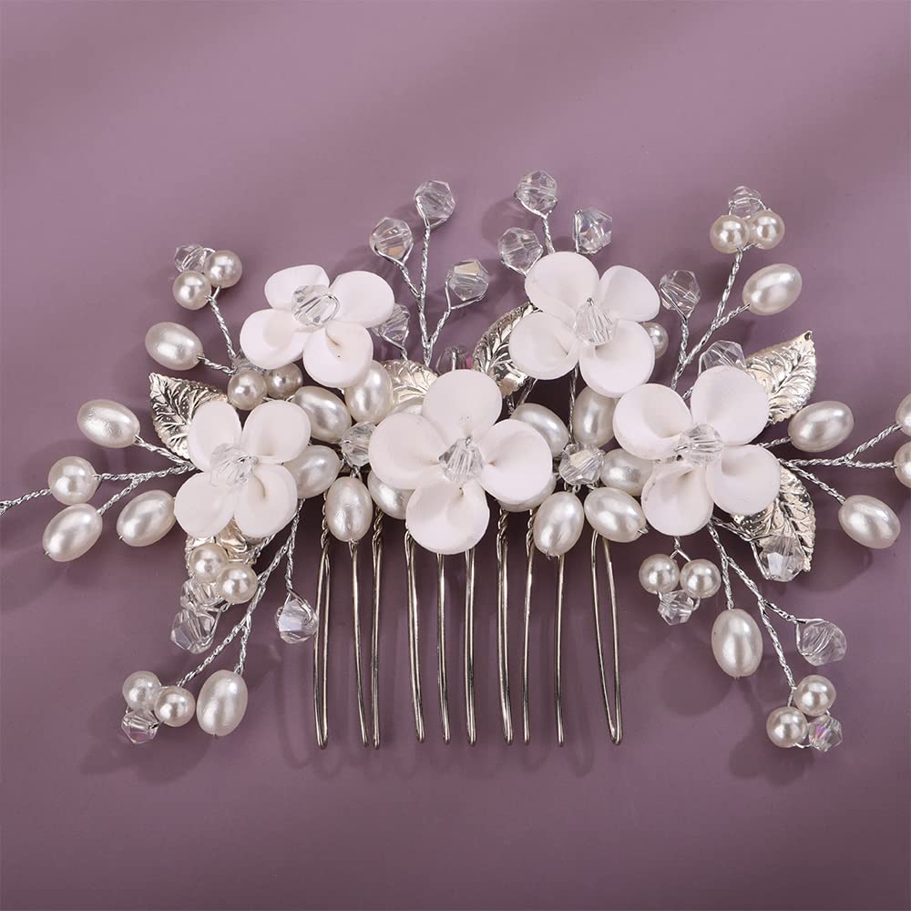 Peine de pelo de boda de flores, hojas de novia, perlas, peine lateral dorado y plateado con perlas de cristal, accesorios para el cabello para
