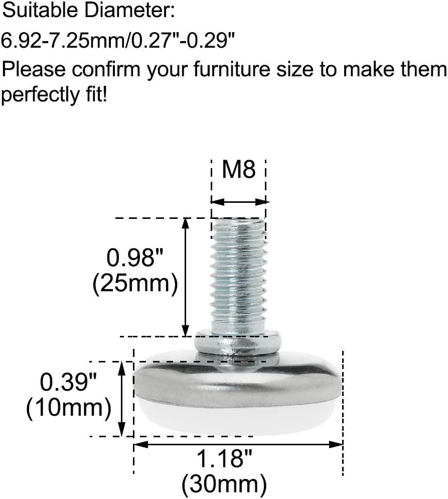 uxcell M8 x 0.984 x 1.181 in Tornillo en muebles Pies niveladores antideslizantes Protector de piso Nivelador ajustable para silla Pierna de máquina