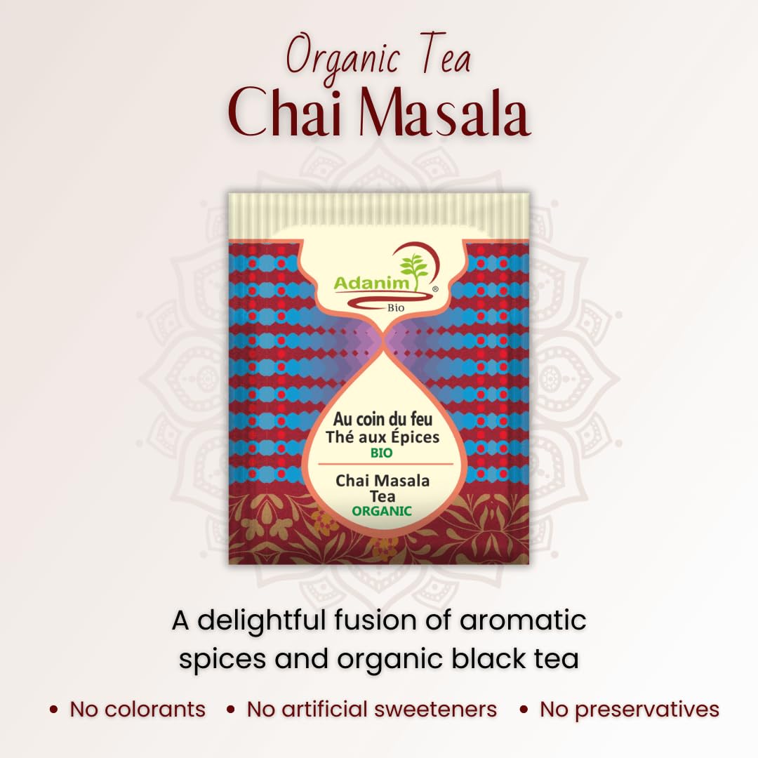 Adanim Bio Bolsas de té indio Chai, 20 bolsitas de té, bolsas de té orgánico Masala Chai Chai, té indio Chai Masala sin cafeína, té Masala Chai