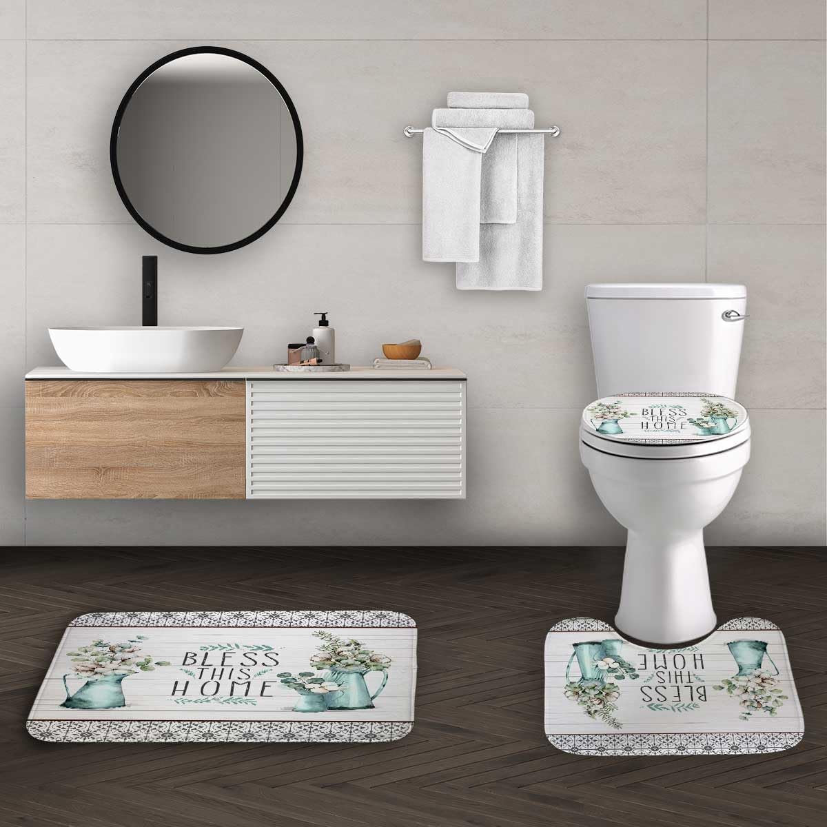 Juego de 4 cortinas de ducha de granja, flores de algodón blanco, jarrón verde menta, hojas de eucalipto, decoración de baño rústica, cortina de