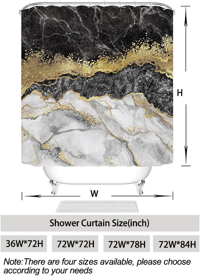 Cortina de ducha de mármol, juego de cortina de ducha de mármol negro, abstracto, lujoso, negro, gris, dorado, con textura de venas para baño, tela