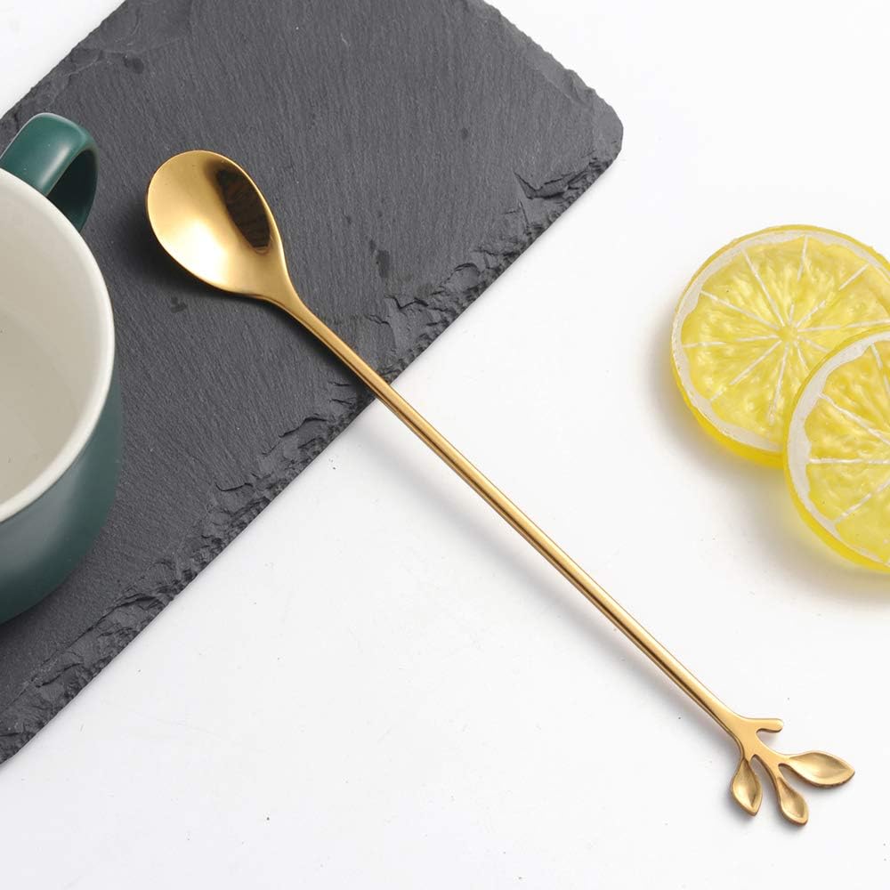 AnSaw Gold Leaf Handle – Cucharas largas de acero inoxidable de 7.4 pulgadas para café y té, cucharas para remover café, juego de 20