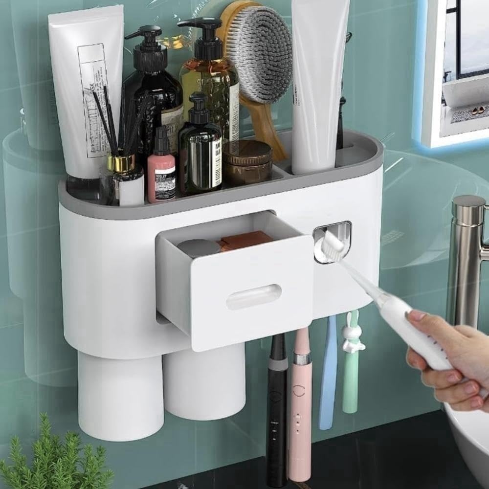 Soporte para cepillos de dientes montado en la pared, soporte para cepillos de dientes de pared con dispensador de pasta de dientes, soporte