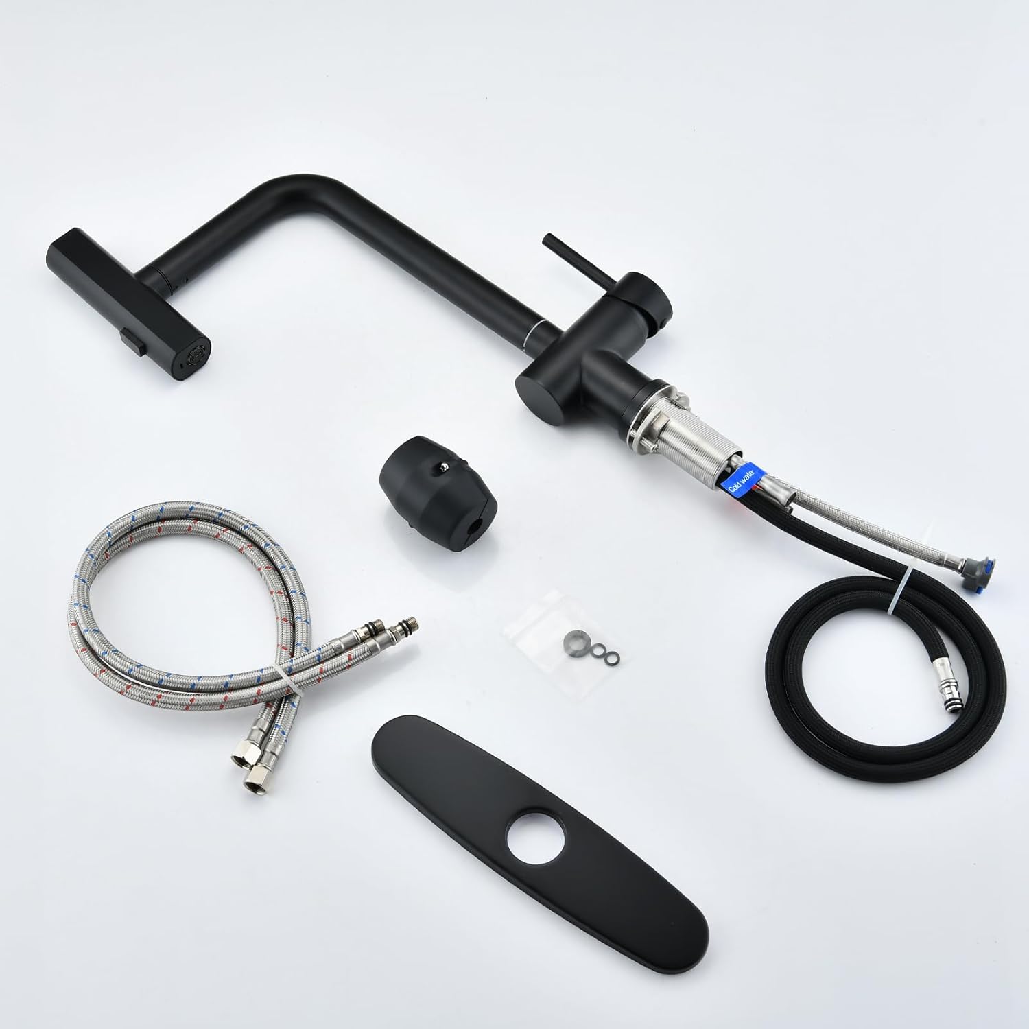 Dornberg Grifo de cocina en cascada con rociador desplegable con línea de agua, montaje de grifo de cocina de acero inoxidable sin plomo con mesa de