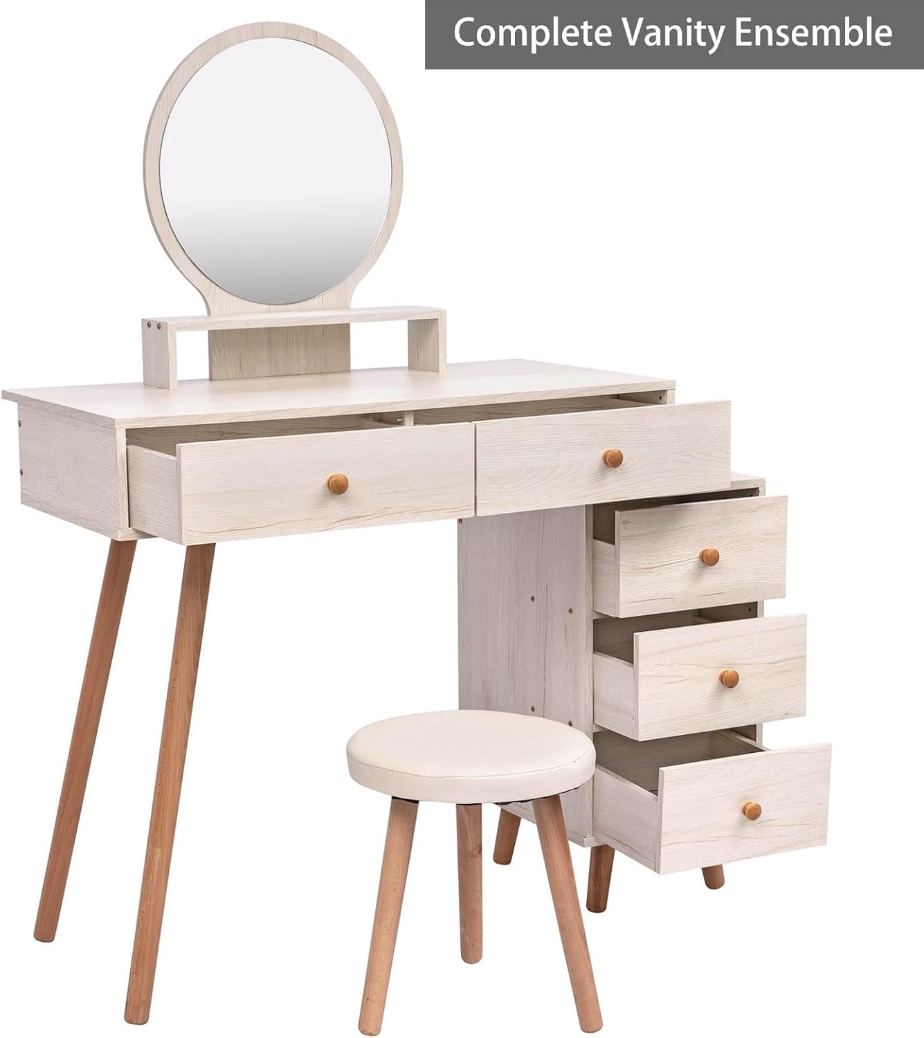 Mesa de tocador de maquillaje con espejo redondo grande, escritorio blanco con taburete acolchado, tocador de madera con 5 cajones y gabinete de