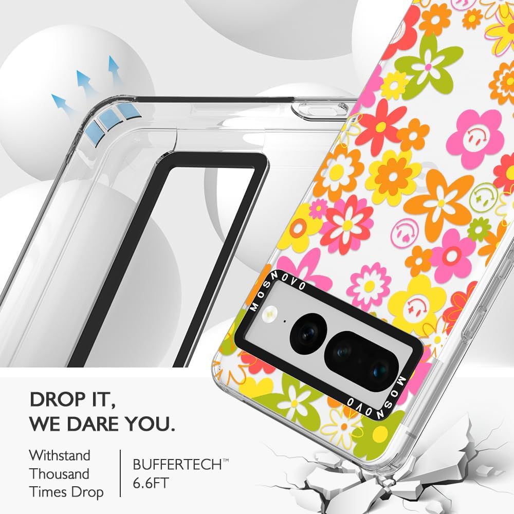 MOSNOVO Funda compatible con Google Pixel 7 Pro 5G, diseño floral transparente de los años 70, carcasa rígida de plástico transparente con
