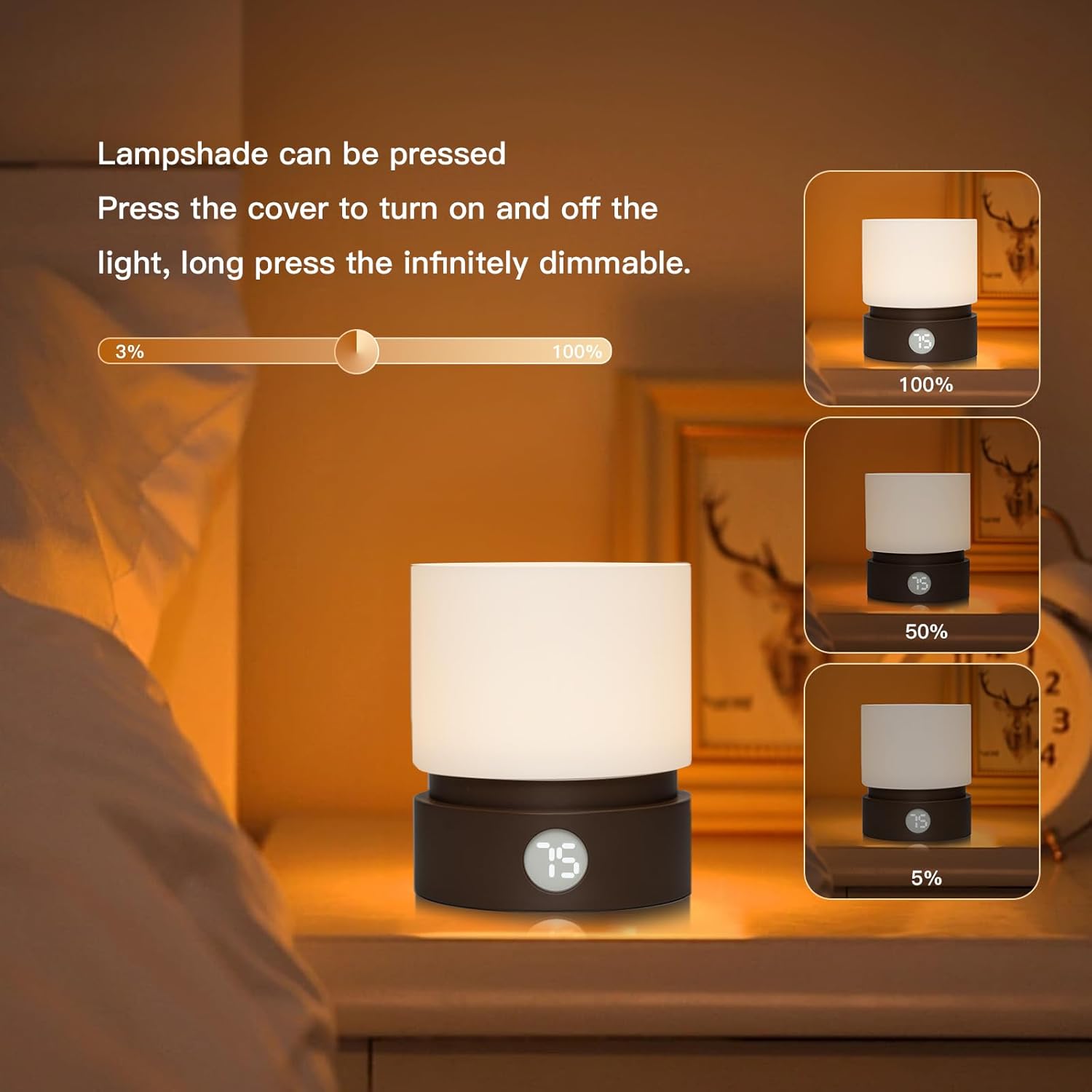 Lámpara de mesa pequeña, luz nocturna portátil regulable con temporizador para niños, luz LED cálida de 3000 K, lámparas de noche pequeñas para