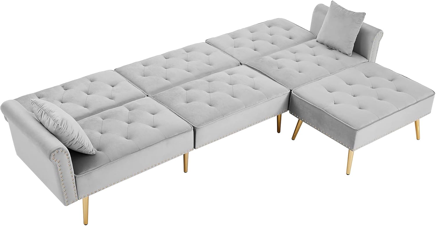Sofá seccional tapizado de terciopelo en forma de L, sofá cama convertible con diván reversible, otomana movible para el hogar, oficina,