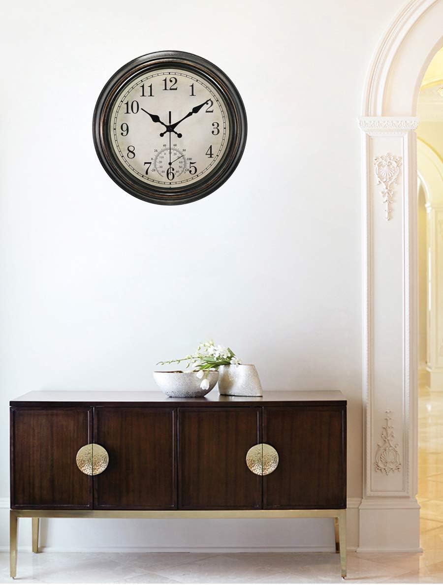 Rsobl Reloj de pared para interiores y exteriores de 12 pulgadas con termómetro, reloj impermeable a pilas, bronce