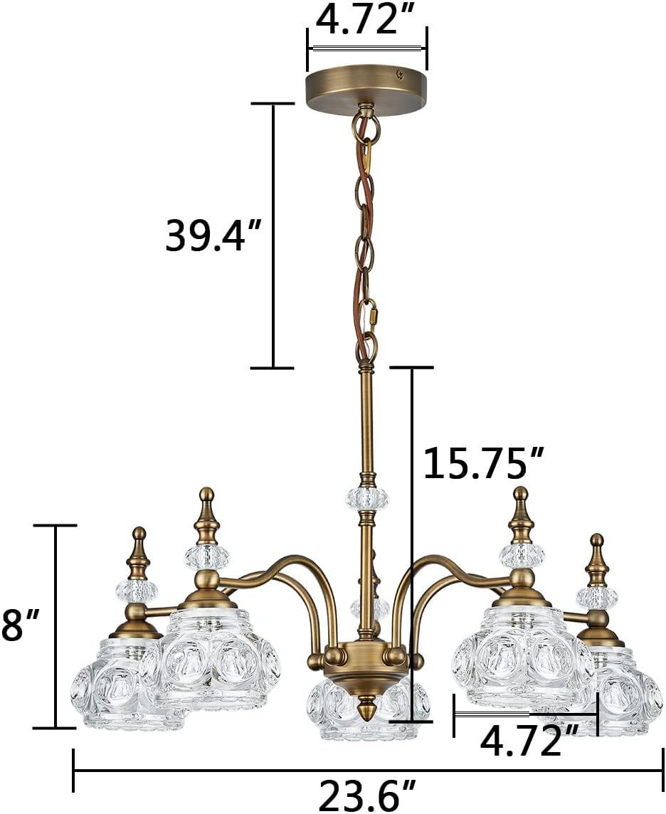 ZILANL Lámpara colgante de cristal dorado con 5 luces, estilo rústico, acabado de latón envejecido cepillado mate con pantalla de cristal para isla