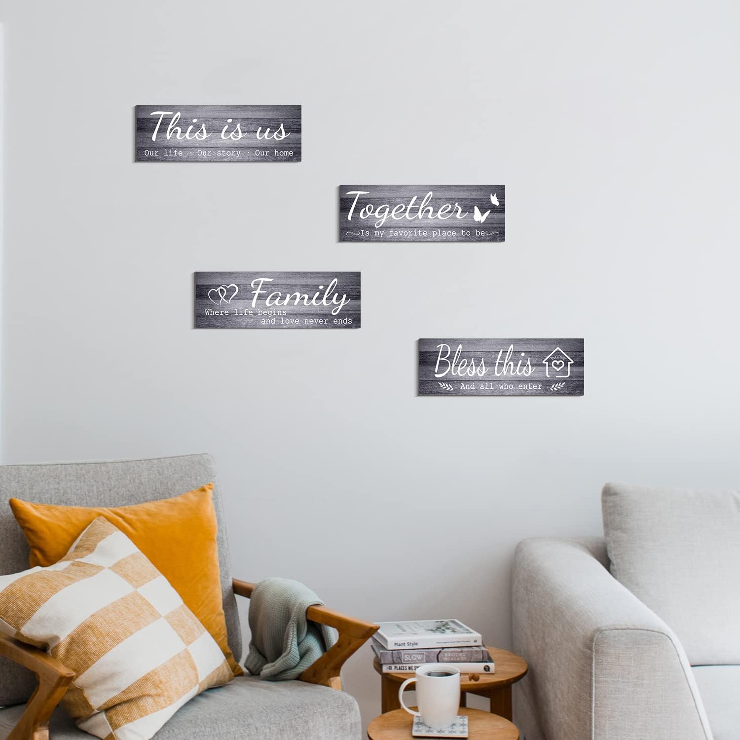 COLOR VALLEY ART 4 carteles grises para decoración de pared para el hogar, This is UsTogetherBless This HomeFamily Wooden Wall Hanging, decoración