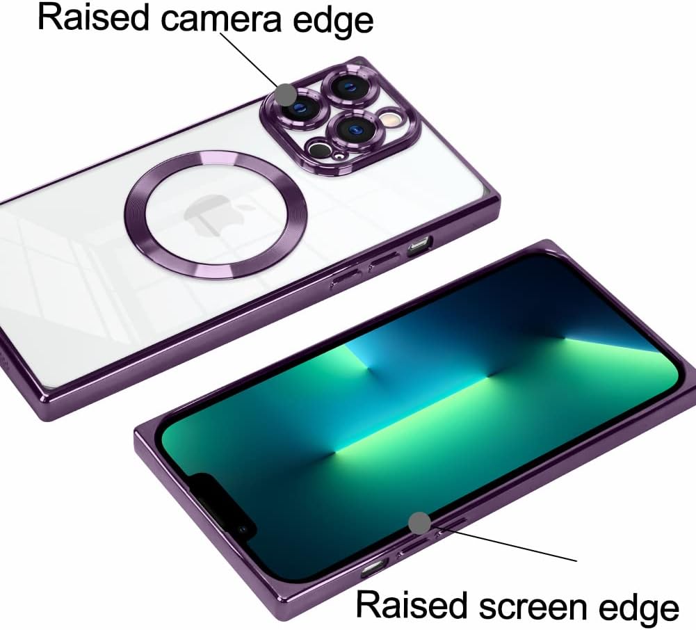 KANGHAR Funda cuadrada magnética transparente para iPhone 13 Pro Max con protector de lente de cámara compatible con MagSafe Diseño de lujo lindo