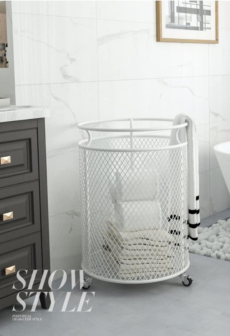 Cesta de lavandería con ruedas, cesta de metal para organizador de habitaciones, contenedores de almacenamiento de ropa sucia de malla redonda para
