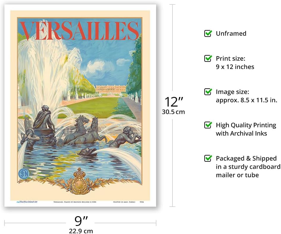 Póster de Versalles Francia  Fuente Apolo  SNCF (Ferrocarril Nacional Francés)  Vintage Railroad Travel por Maurice Milliere c.1930s  Impresión