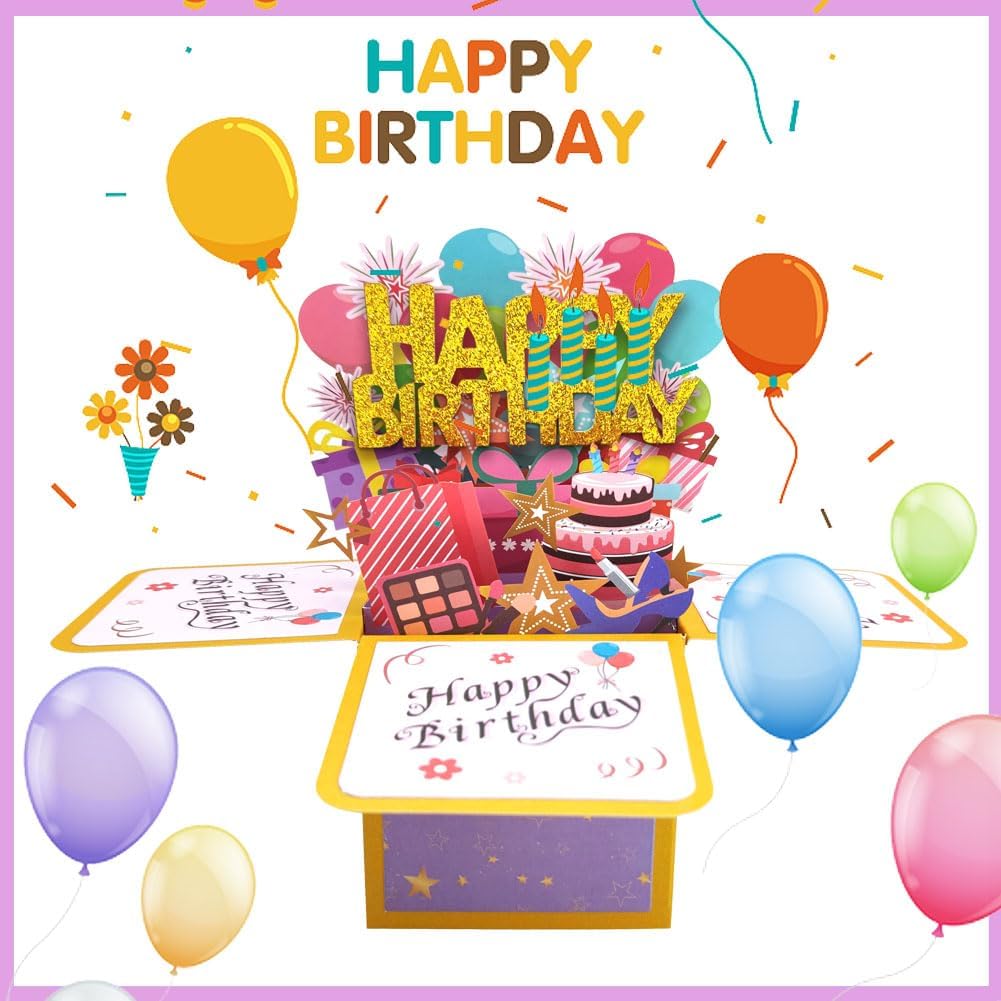 HDMGCR Tarjeta desplegable de feliz cumpleaños para mujeres y hombres, divertida caja de felicitación 3D de cumpleaños con sobres, etiqueta de notas