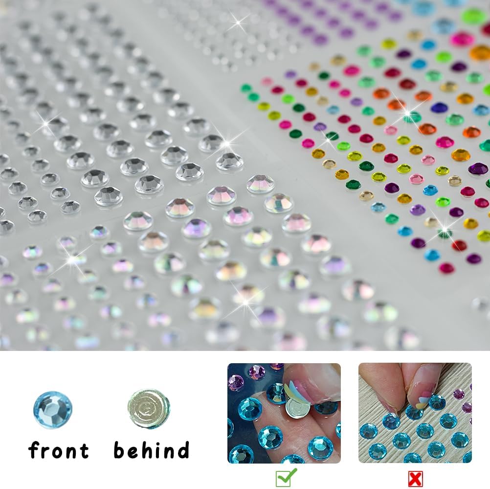 2064 calcomanías de diamantes de imitación, autoadhesivas, 4 colores, 12 hojas de diamantes de imitación para el cabello para hacer manualidades