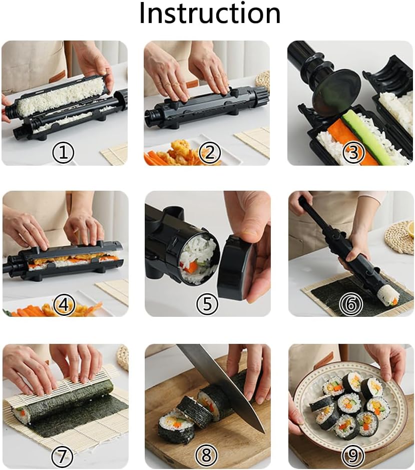 Bazooka de sushi con tapete de bambú para sushi, kit de fabricación de sushi para principiantes para la familia, 2 piezas