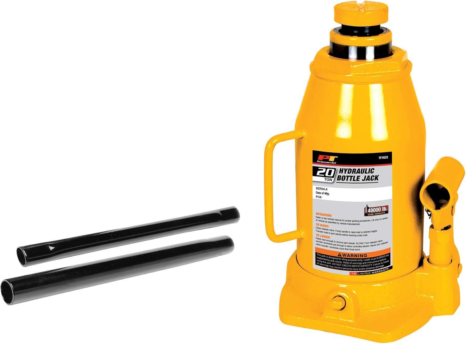 Performance Tool W1633 – Gato hidráulico de 20 toneladas (40,000 libras) Gato hidráulico de botella resistente