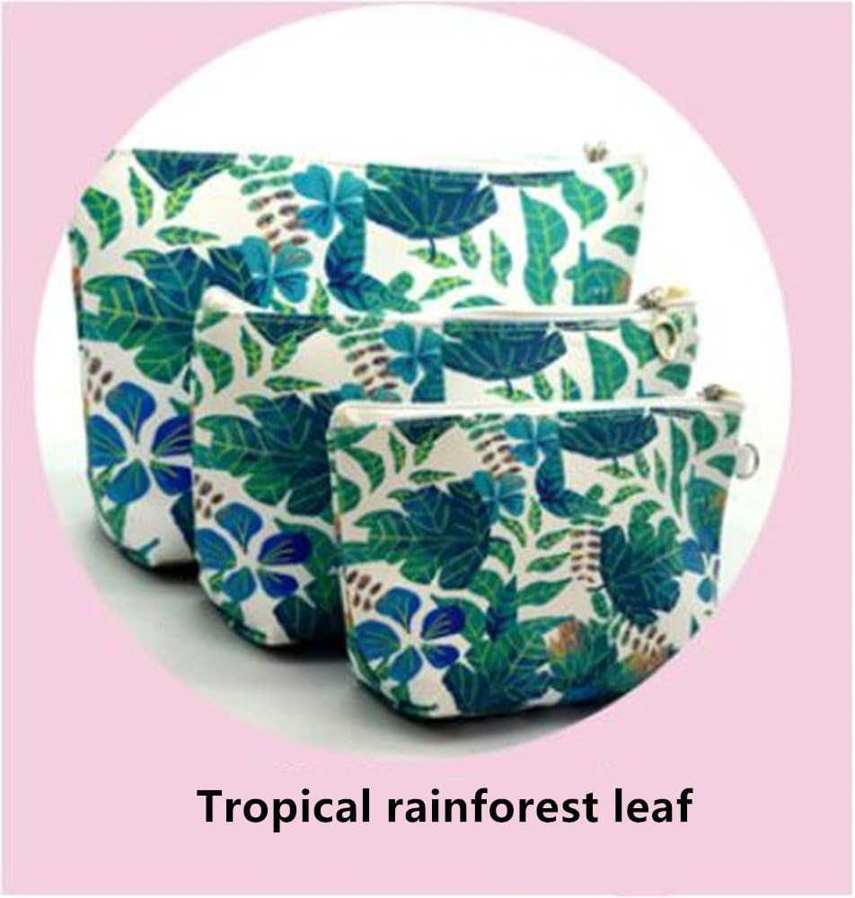 3 bolsas de cosméticos impermeables para cosméticos de gran capacidad, piel sintética, baño, almacenamiento (3 tamaños) (hoja tropical de la selva)